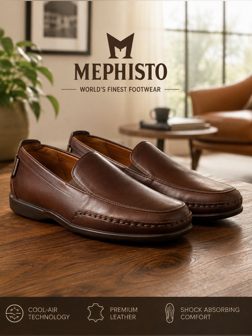 Mephisto Pistol Men’s Leather Loafers | Brown Slip-On Comfort Shoes Size 9.5